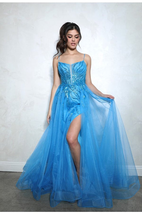 Eureka EK112 glitter sleeveless a-line slit gown — AZURE