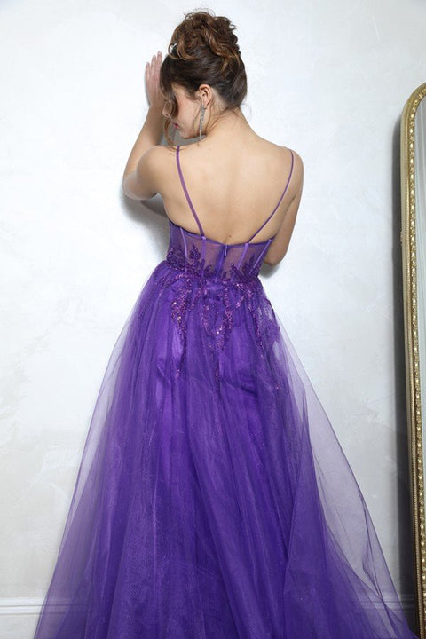 Eureka EK112 glitter sleeveless a-line slit gown — PURPLE2