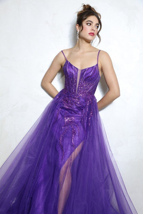 Eureka EK112 glitter sleeveless a-line slit gown — PURPLE