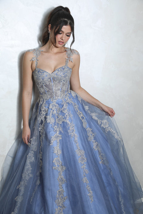 Eureka EK115 applique sleeveless a-line gown — DBLUE.SILVER2