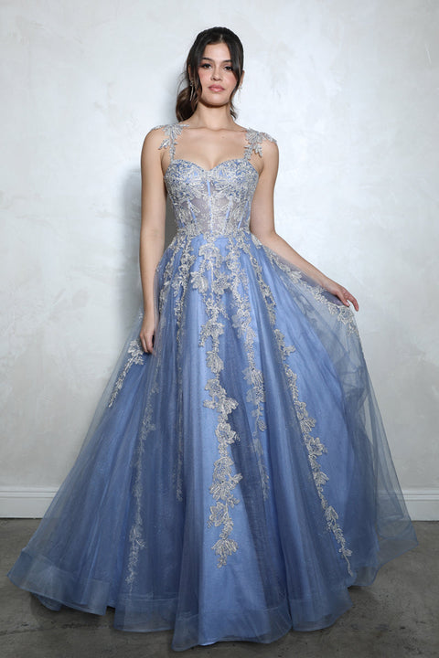 Eureka EK115 applique sleeveless a-line gown — DBLUE.SILVER