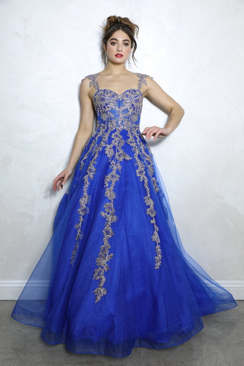 Eureka EK115 applique sleeveless a-line gown — ROYAL.GOLD