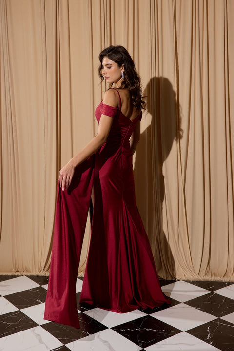 Eureka EK117 satin cold shoulder slit gown — BURGUNDY 1