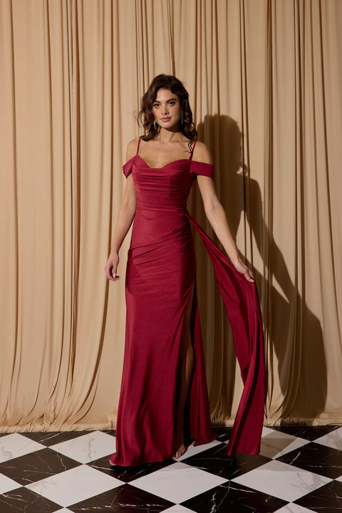 Eureka EK117 satin cold shoulder slit gown — BURGUNDY