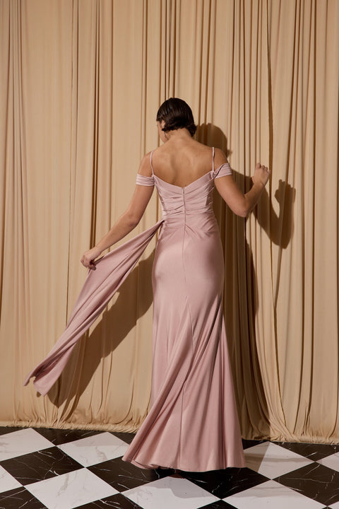 Eureka EK117 satin cold shoulder slit gown — TEAROSE 1