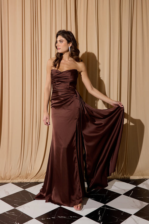 Eureka EK118 satin fitted strapless slit gown — BROWN 5