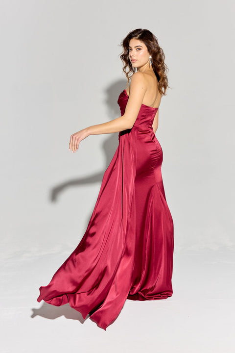 Eureka EK118 satin fitted strapless slit gown — BURGUNDY3