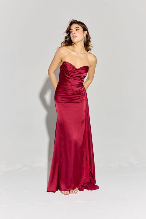 Eureka EK118 satin fitted strapless slit gown — BURGUNDY4