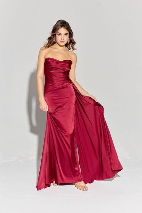 Eureka EK118 satin fitted strapless slit gown — BURGUNDY