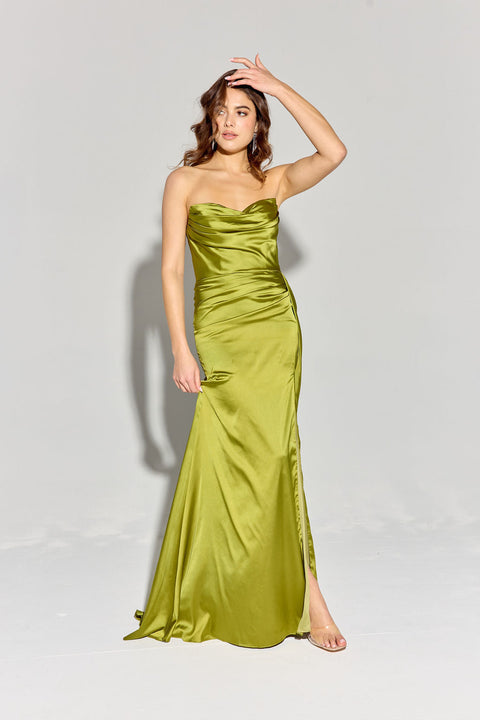 Eureka EK118 satin fitted strapless slit gown — MOSS