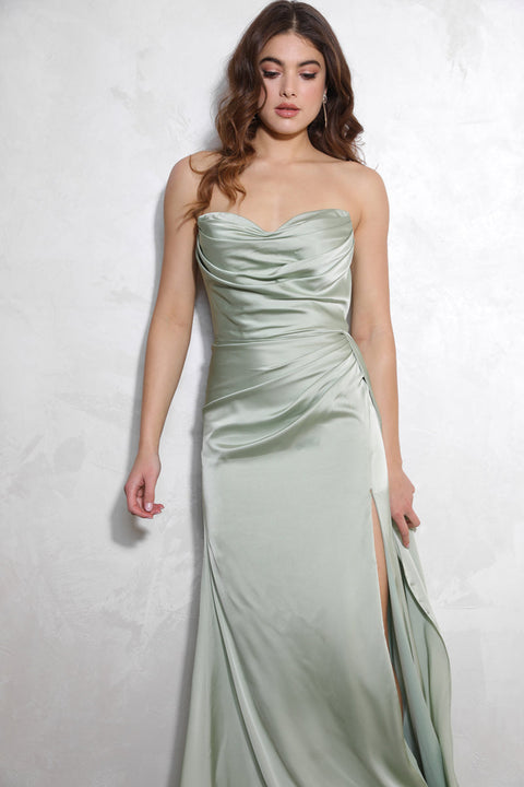 Eureka EK118 satin fitted strapless slit gown — SAGE