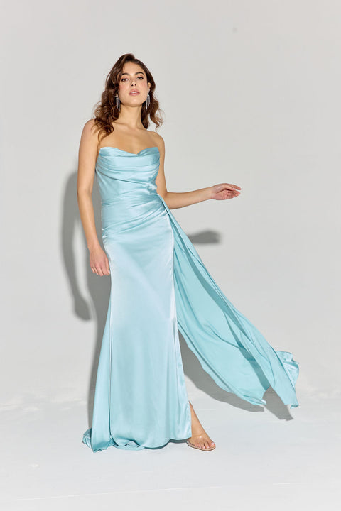 Eureka EK118 satin fitted strapless slit gown — SEASPRAY