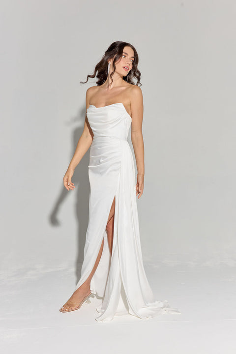 Eureka EK118 satin fitted strapless slit gown — WHITE2