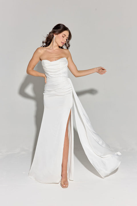 Eureka EK118 satin fitted strapless slit gown — WHITE
