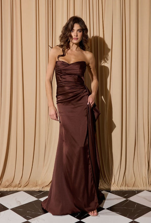 Eureka EK118 satin fitted strapless slit gown — product photo