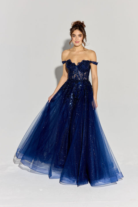 Eureka EK128 off shoulder a-line slit gown — NAVY 4