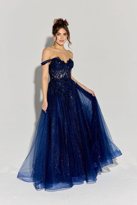 Eureka EK128 off shoulder a-line slit gown — NAVY 5