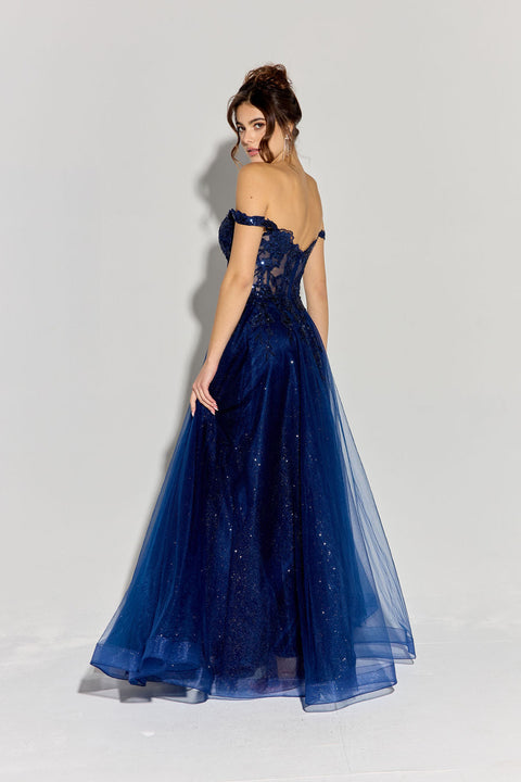 Eureka EK128 off shoulder a-line slit gown — NAVY 6