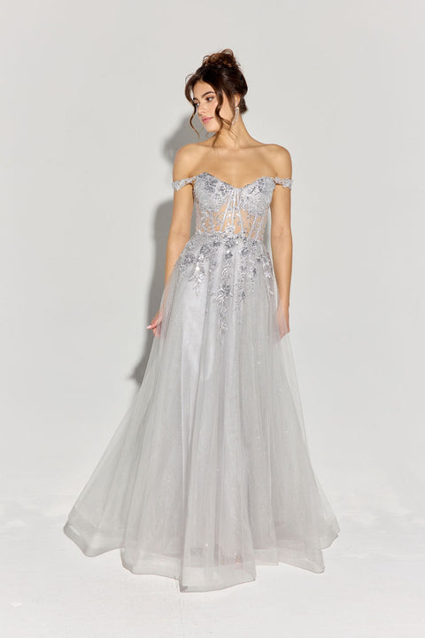 Eureka EK128 off shoulder a-line slit gown — PLATINUM 6