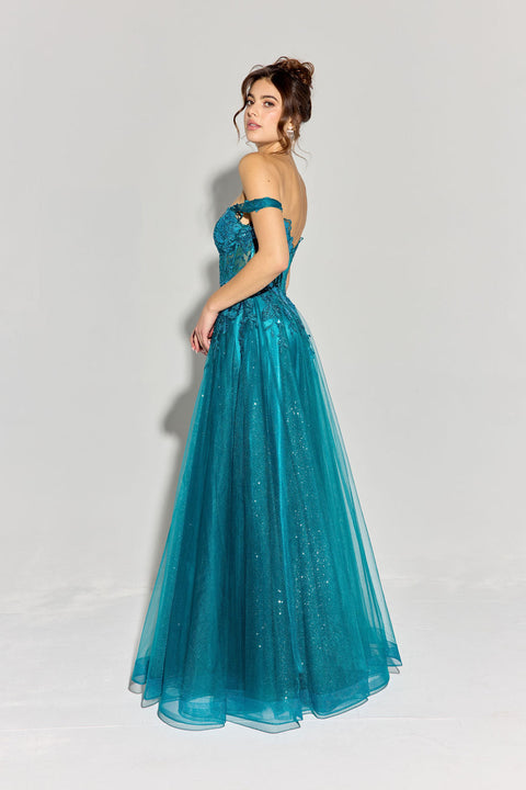 Eureka EK128 off shoulder a-line slit gown — TEAL 1