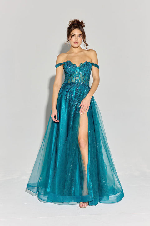 Eureka EK128 off shoulder a-line slit gown — TEAL 2