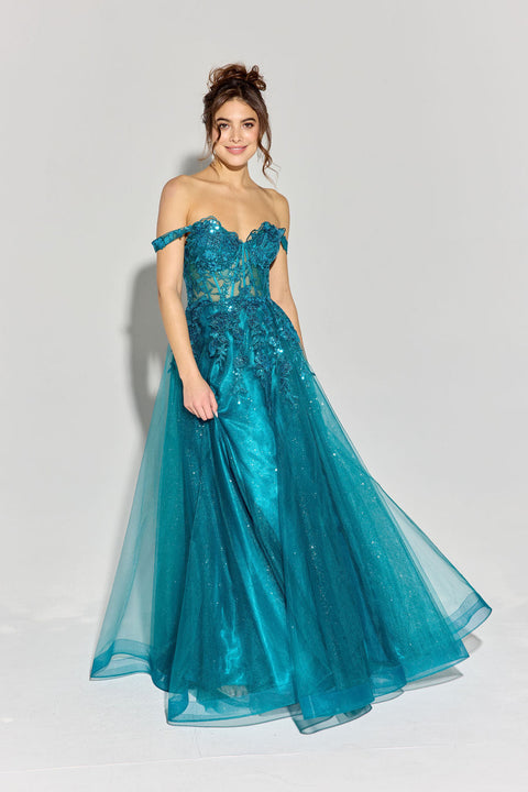 Eureka EK128 off shoulder a-line slit gown — TEAL 4