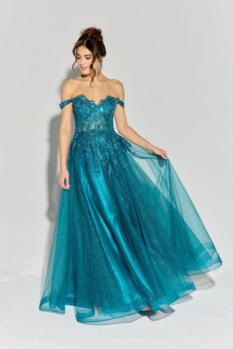 Eureka EK128 off shoulder a-line slit gown — TEAL 5