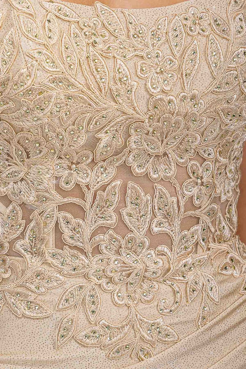 Eureka EK129 applique fitted sleeveless slit gown — CHAMPAGNE 2