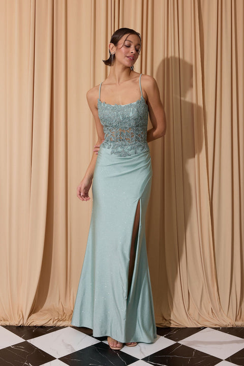 Eureka EK129 applique fitted sleeveless slit gown — MINT 3