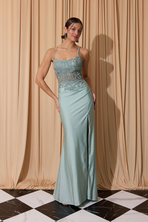 Eureka EK129 applique fitted sleeveless slit gown — MINT