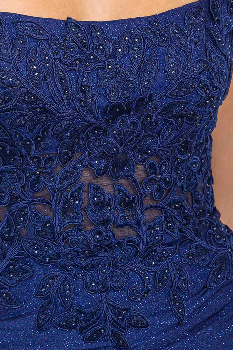 Eureka EK129 applique fitted sleeveless slit gown — NAVY