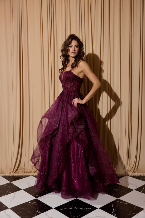 Eureka EK157 applique sleeveless a-line ruffled gown — BERRY 1