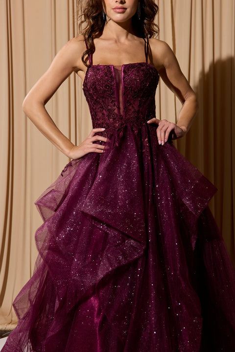 Eureka EK157 applique sleeveless a-line ruffled gown — BERRY 2