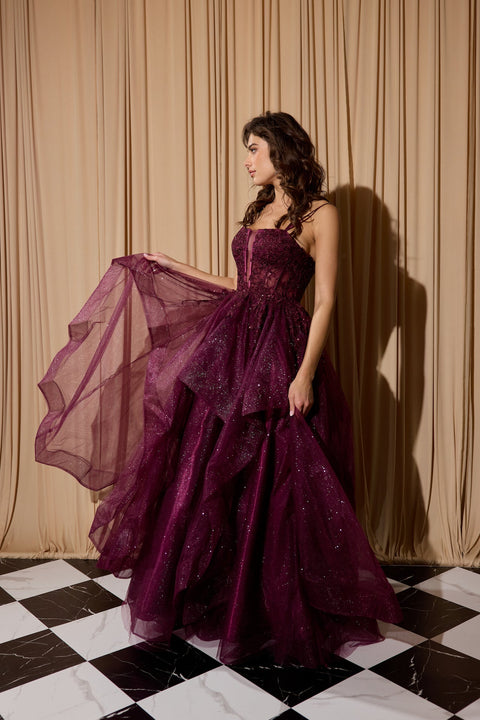 Eureka EK157 applique sleeveless a-line ruffled gown — BERRY 3