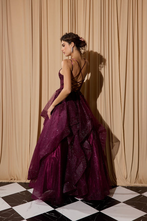 Eureka EK157 applique sleeveless a-line ruffled gown — BERRY