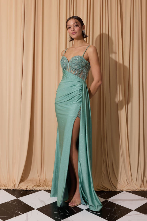 Eureka EK166 glitter jersey sleeveless slit gown — AGAVE 2