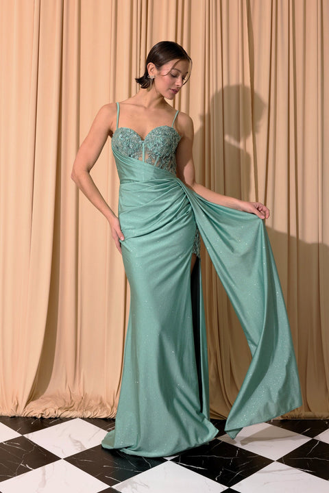 Eureka EK166 glitter jersey sleeveless slit gown — Agave