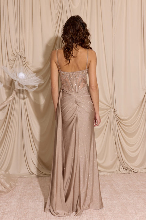 Eureka EK166 glitter jersey sleeveless slit gown — BISCUITBACK