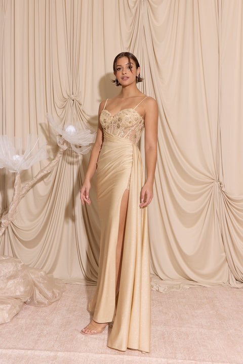 Eureka EK166 glitter jersey sleeveless slit gown — CHAMPAGNE