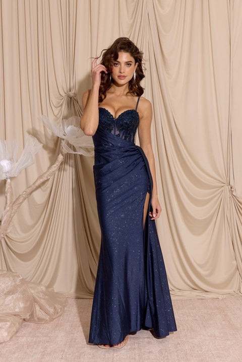 Eureka EK166 glitter jersey sleeveless slit gown — NAVY