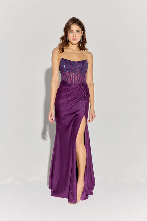 Eureka EK169 glitter jersey strapless slit gown — PLUM 3