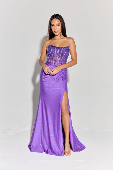 Eureka EK169 glitter jersey strapless slit gown — PURPLE 2