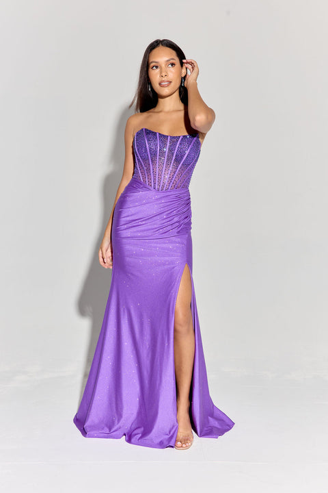 Eureka EK169 glitter jersey strapless slit gown — PURPLE