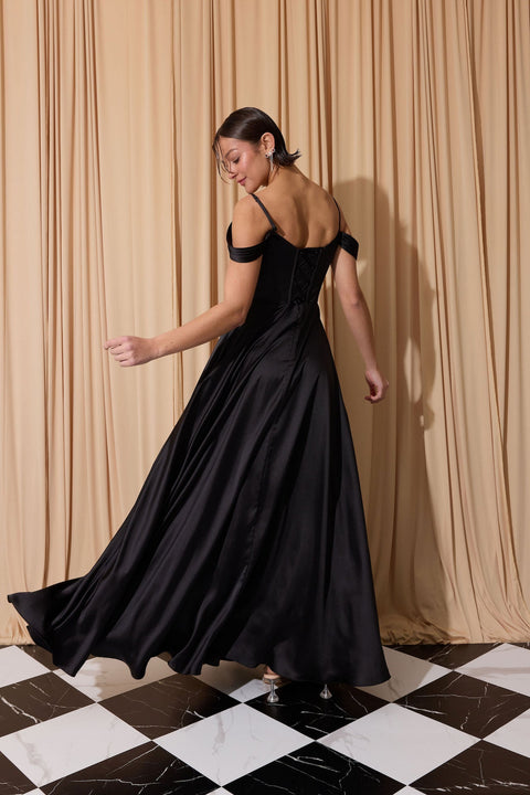 Eureka EK176 satin cold shoulder slit gown — BLACK 2