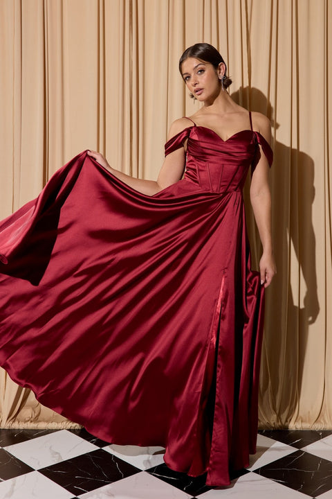 Eureka EK176 satin cold shoulder slit gown — BURGUNDY