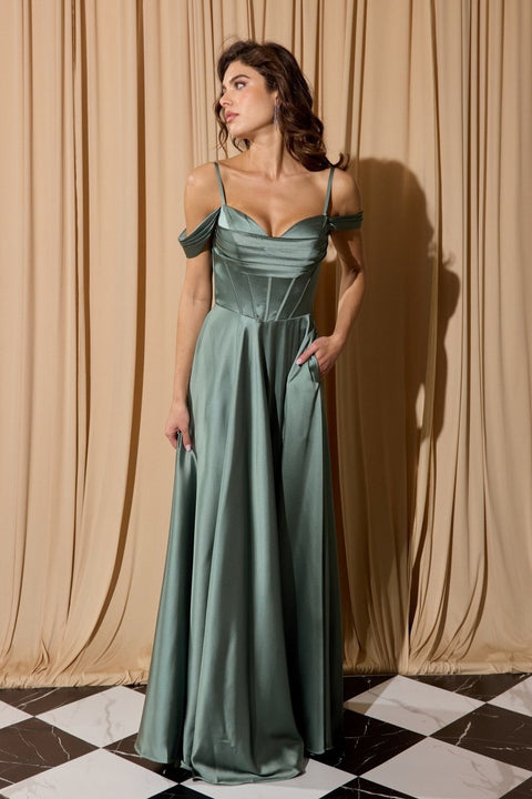 Eureka EK176 satin cold shoulder slit gown — EUCALYPTUS2