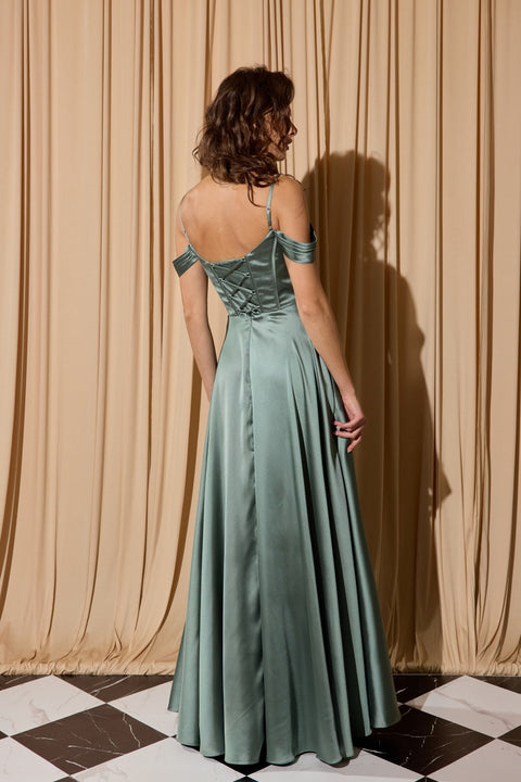 Eureka EK176 satin cold shoulder slit gown — EUCALYPTUS3