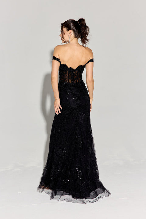 Eureka EK181 fitted off shoulder corset slit gown — BLACK2