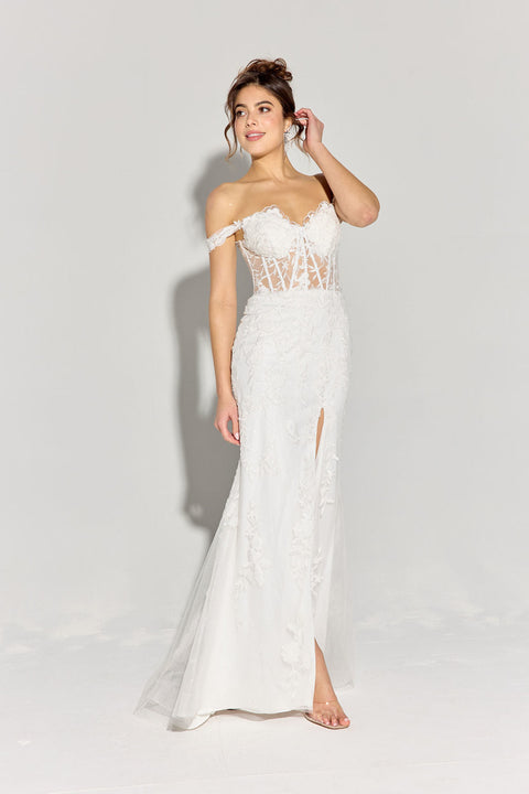 Eureka EK181 fitted off shoulder corset slit gown — OFFWHITE