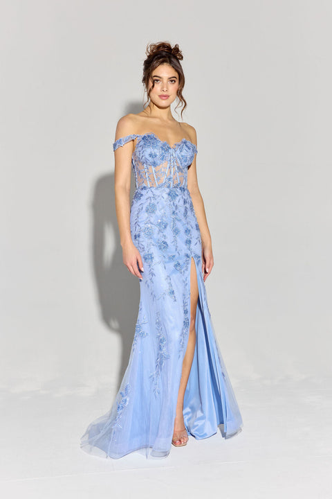 Eureka EK181 fitted off shoulder corset slit gown — PERIWINKLE2